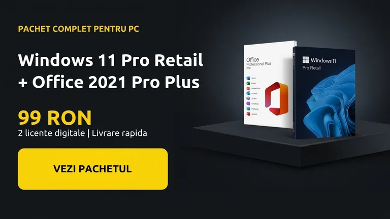 Pachet Windows 11 Pro Retail si Office 2021 Pro Plus, doua licente digitale la 99 RON